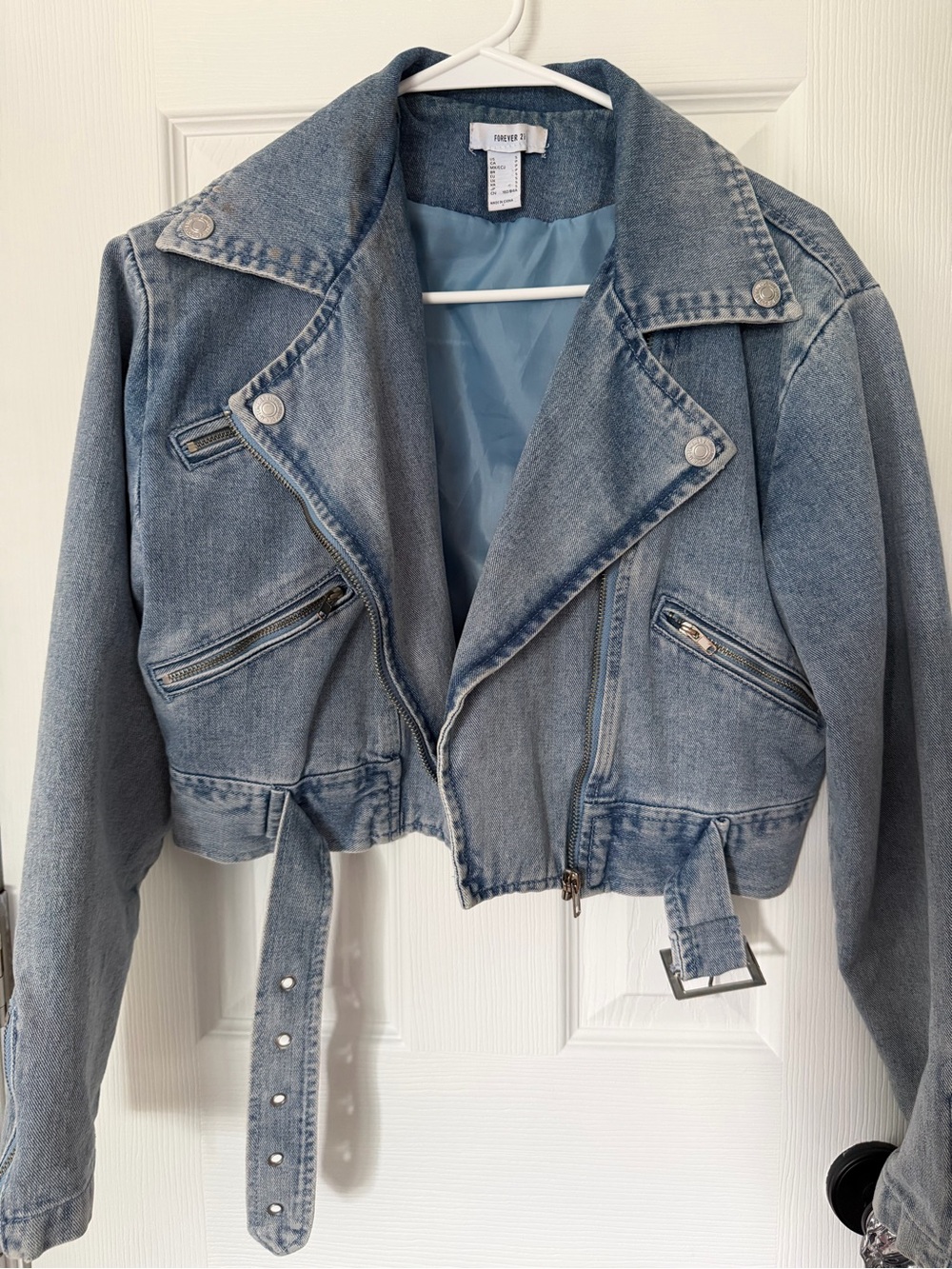 Forever 21 Light Wash Denim Moto Jacket - Light Blue